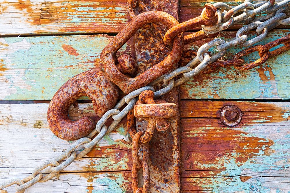 Rusty lock and chain on light blue wood art print by Emily Wilson for $57.95 CAD